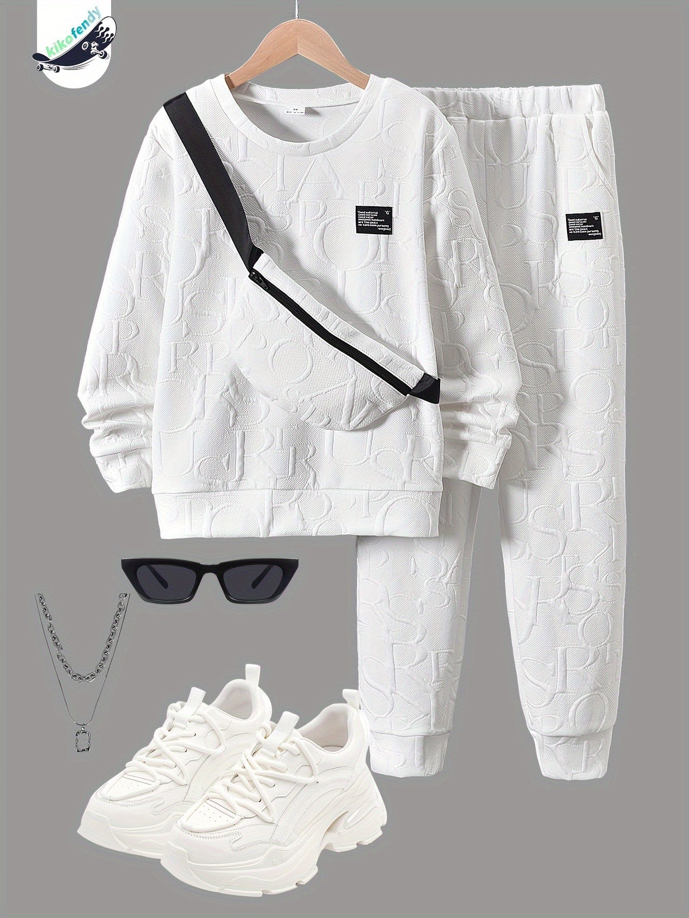 Ensemble 3 pièces pour garçon - Sweat à capuche à col ras avec lettres en relief + pantalon long + sac bandoulière, tenue décontractée et polyvalente pour automne et hiver - Blanc