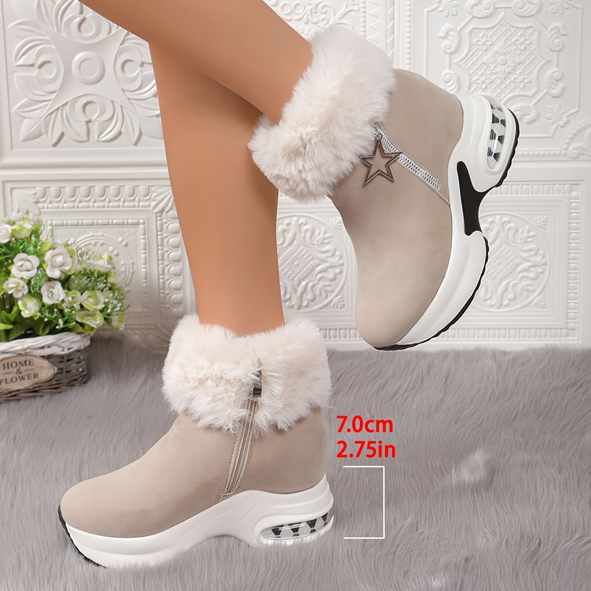 Botines d'Hiver pour Femmes avec Doublure en Fourrure Synthétique Chaude et Fermeture Éclair sur le Côté, Semelle Épaisse en Caoutchouc, Bottes Courtes Décontractées à Motif Étoile Beiges pour Confort Extérieur