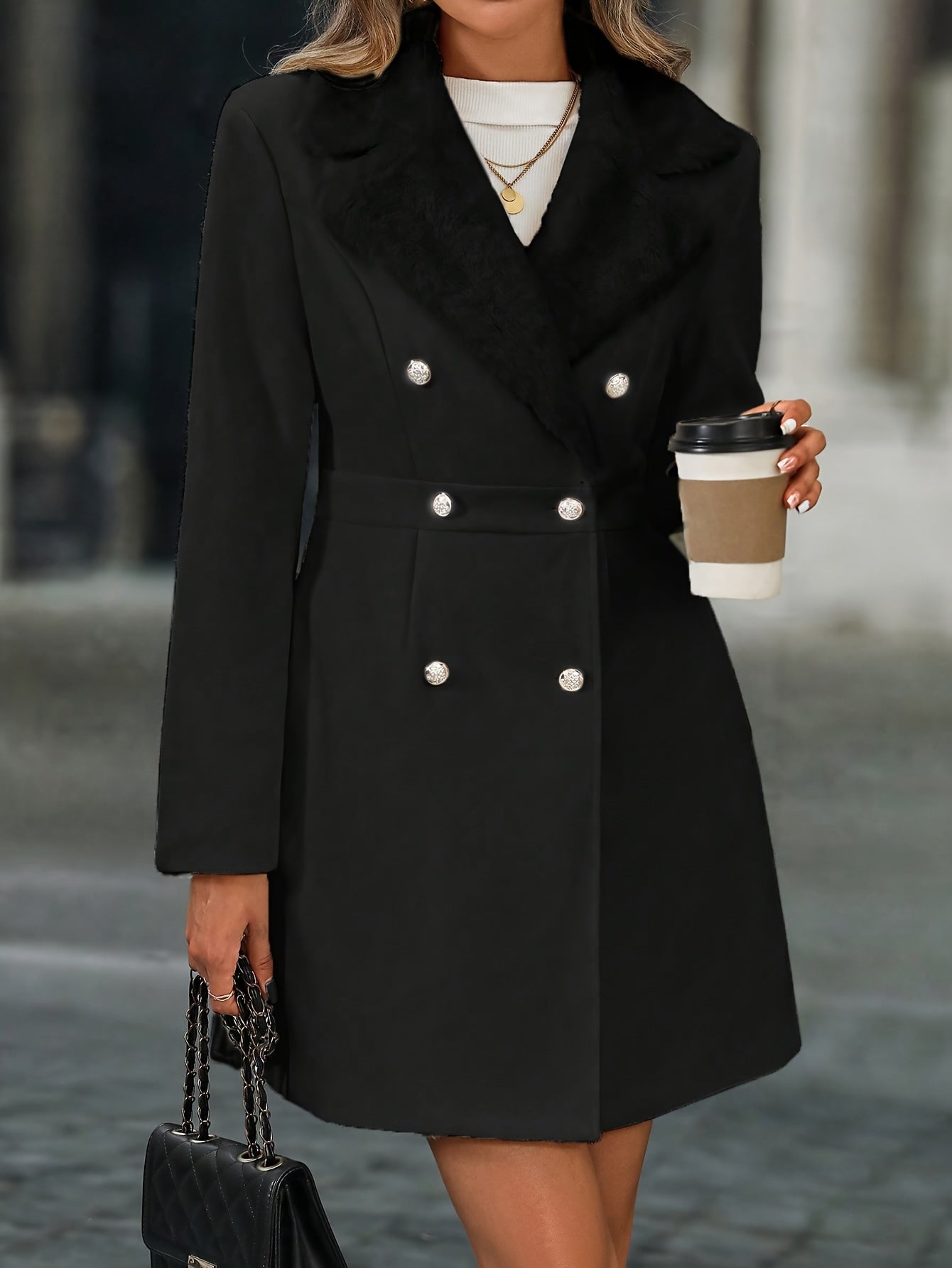 Veste élégante noire pour femmes - Manteau d'hiver formel et décontracté, lavable en machine, idéal pour le bureau ou les soirées, avec boutons décoratifs et bordure en fausse fourrure