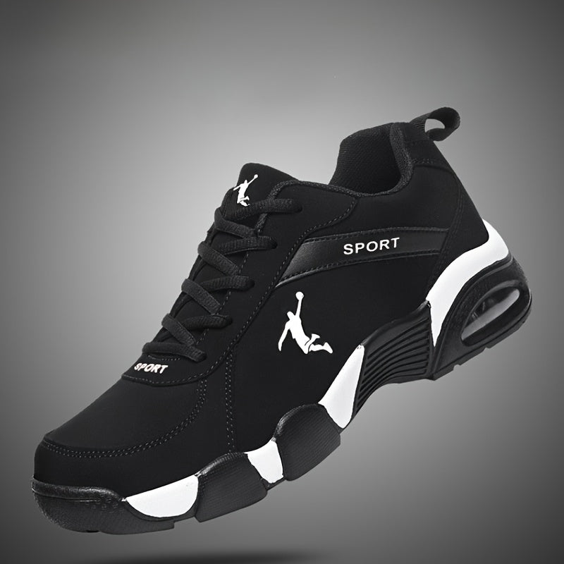 Chaussures de sport homme à coussin d'air - Tissu respirant mesh et PU, design géométrique, fermeture à lacets, couleur noire/blanche, confortables pour course en extérieur, marche et tenue décontractée | Look athlétique | Chaussures ajustées et confortab