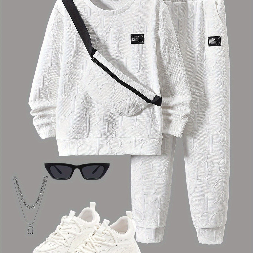 Ensemble 3 pièces pour garçon - Sweat à capuche à col ras avec lettres en relief + pantalon long + sac bandoulière, tenue décontractée et polyvalente pour automne et hiver - Blanc