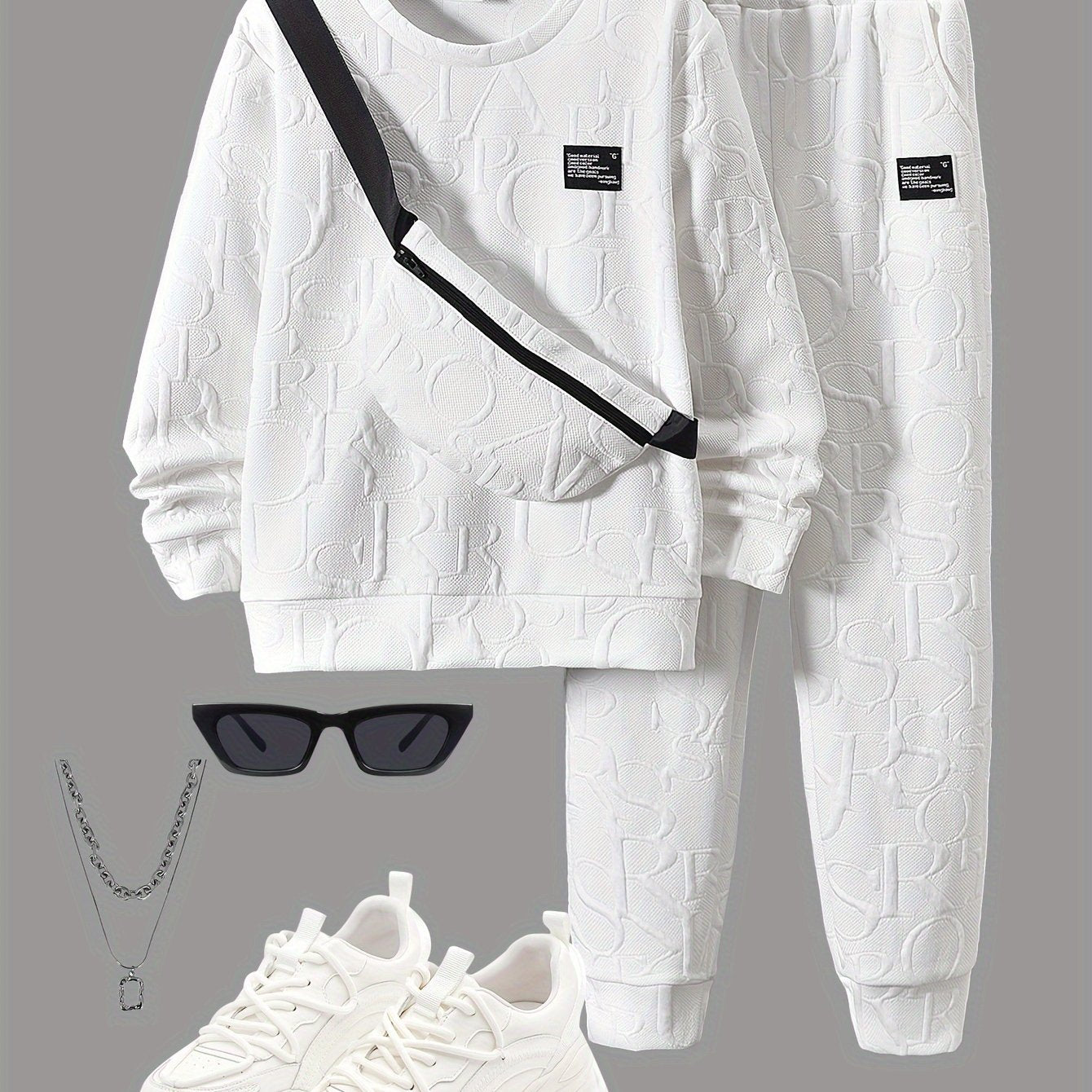 Ensemble 3 pièces pour garçon - Sweat à capuche à col ras avec lettres en relief + pantalon long + sac bandoulière, tenue décontractée et polyvalente pour automne et hiver - Blanc