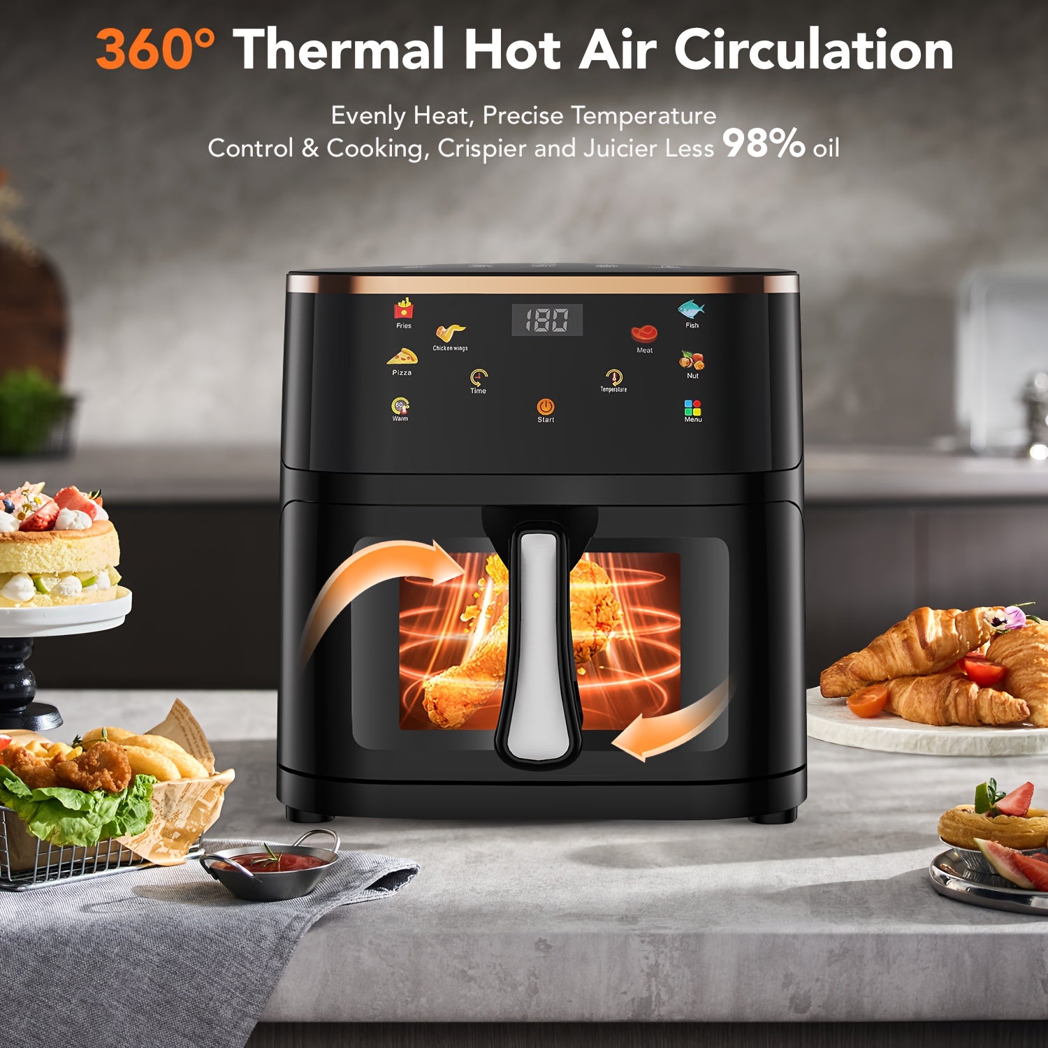 10.5L Large Capacity Air Fryer with Visible Window and Rapid Air Technology - 90% Less Oil, 7 Preset Profiles, Digital Display, 1800W Power, Dishwasher Safe Non-Stick Basket, Energy Saving, One-Touch Operation