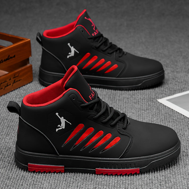 Baskets de basket-ball mi-haut pour hommes - Haut en faux cuir synthétique confortable, semelle en PVC rembourée épaisse, conception à lacets pour la course en plein air, le skateboard et les vêtements décontractés - Blanc avec accents noirs, chaussures d
