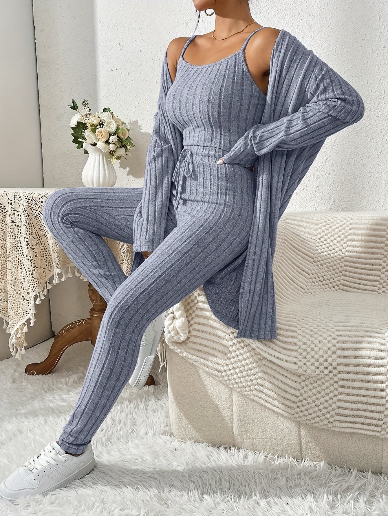 Ensemble Cardigan Uni et Pantalon Slim pour Femme, Tenue Décontractée Élégante et Simple