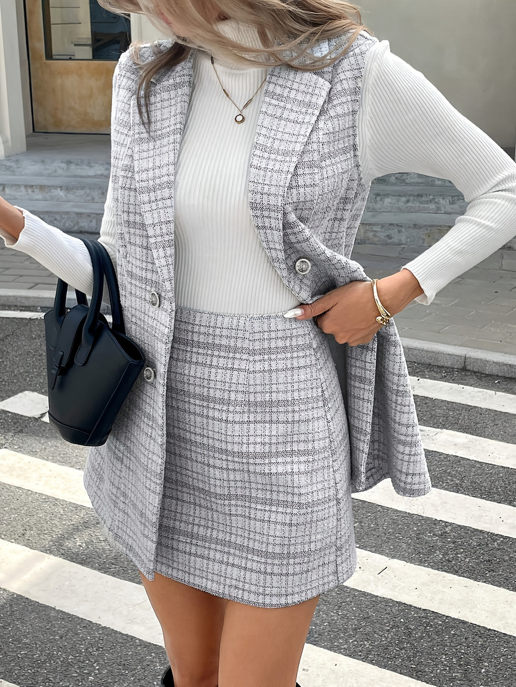 Ensemble Femme Automne-Hiver Nouvelle Mode Élégant Gilet à Col en Plaid Double Boutonnage et Jupe A-Ligne, Tenue Quotidienne Simple Rétro pour Travail ou Vacances, Style Retro, En tenue de Bureau, Design Classique, Tissu Moyennement Extensible Lavable Mac