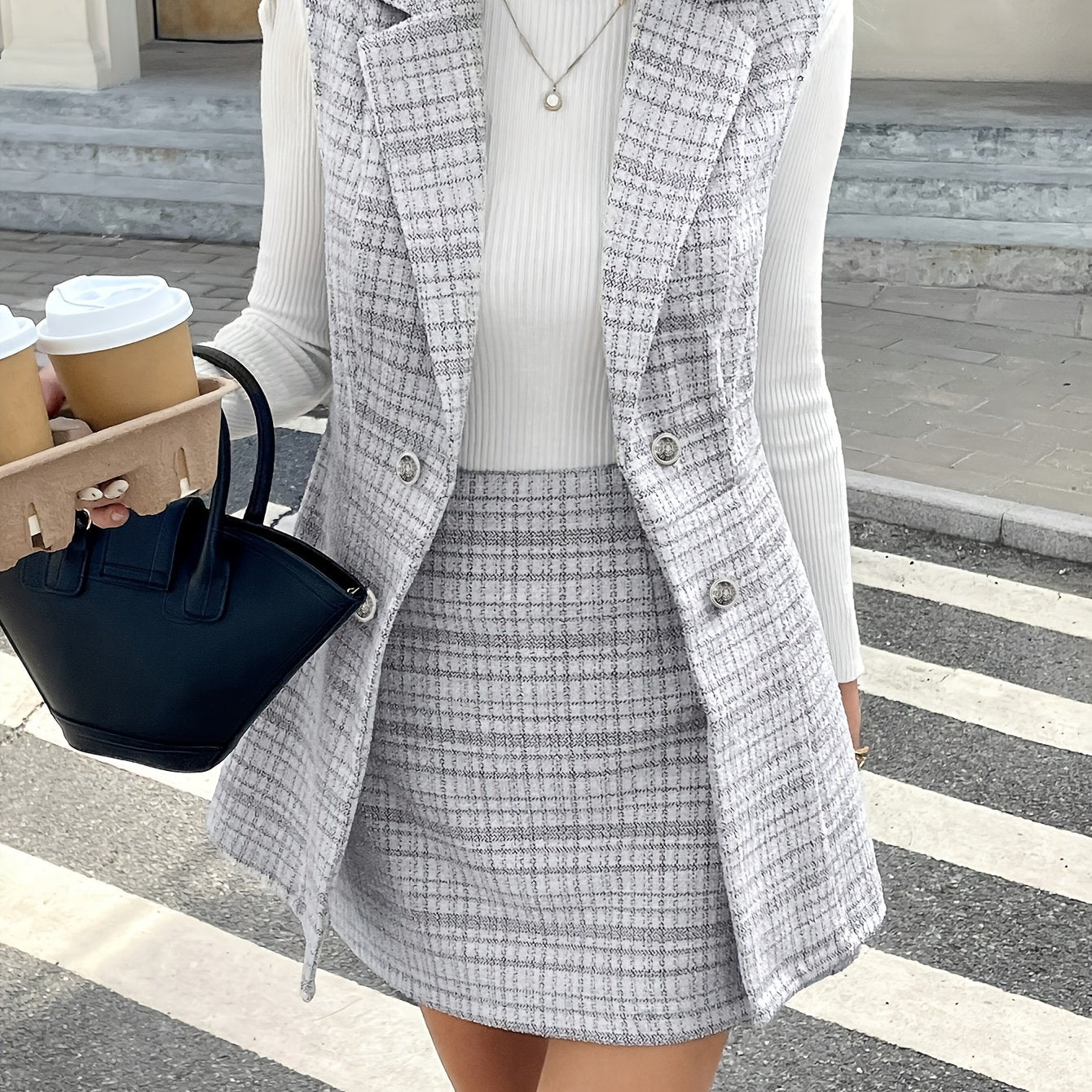 Ensemble Femme Automne-Hiver Nouvelle Mode Élégant Gilet à Col en Plaid Double Boutonnage et Jupe A-Ligne, Tenue Quotidienne Simple Rétro pour Travail ou Vacances, Style Retro, En tenue de Bureau, Design Classique, Tissu Moyennement Extensible Lavable Mac