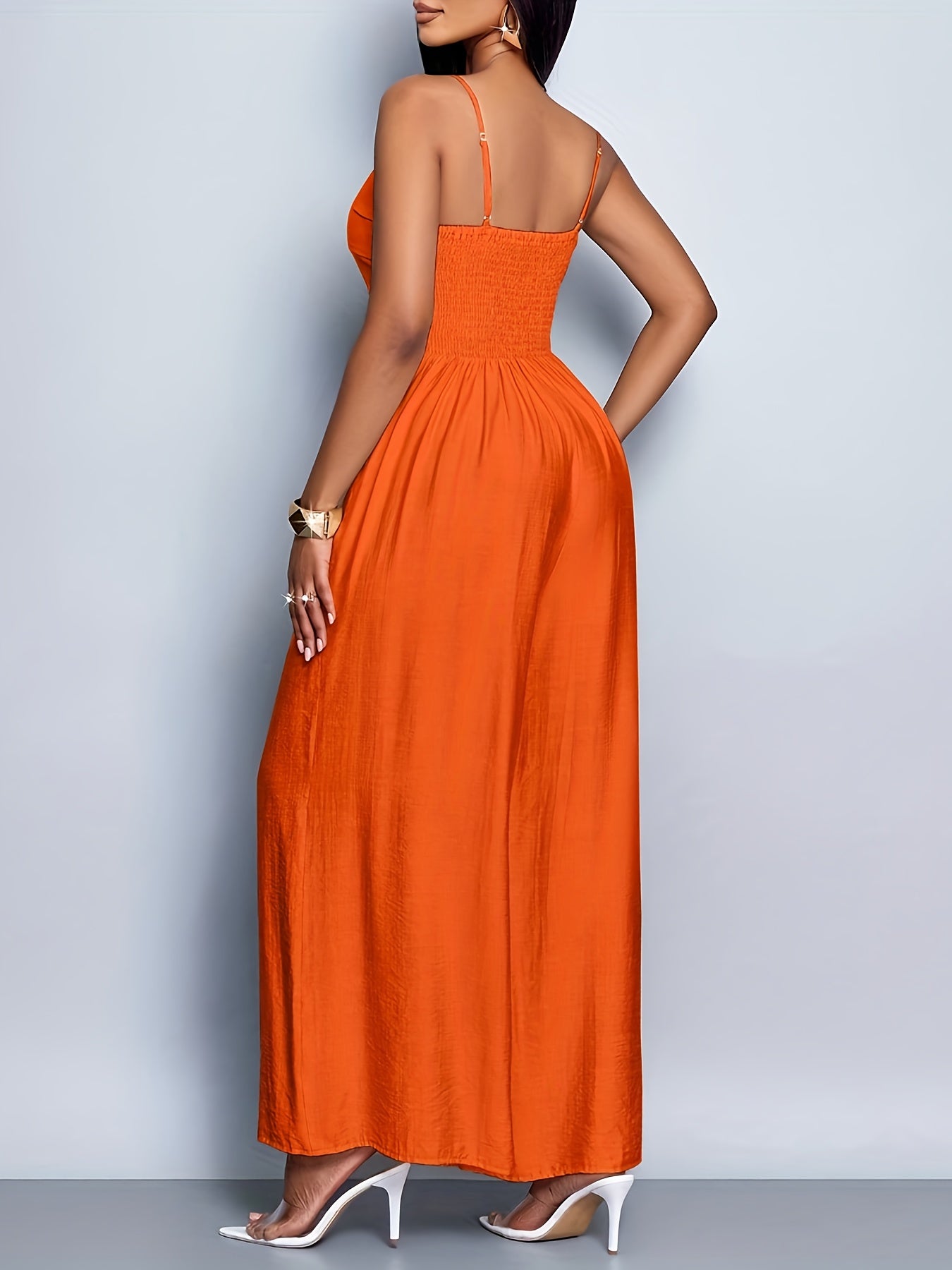 Combinaison Cami Femme Élégante Drapée Col Avant Dos Nu Jambes Larges - Silhouette H-Line Sans Manches avec Poches, Combinaison Longue Couleur Unie pour Printemps/Automne, Tenue Décontractée & de Vacances, Vêtements de Printemps Automne, Style Sophistiqué