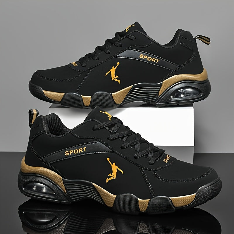 Chaussures de sport homme à coussin d'air - Tissu respirant mesh et PU, design géométrique, fermeture à lacets, couleur noire/blanche, confortables pour course en extérieur, marche et tenue décontractée | Look athlétique | Chaussures ajustées et confortab