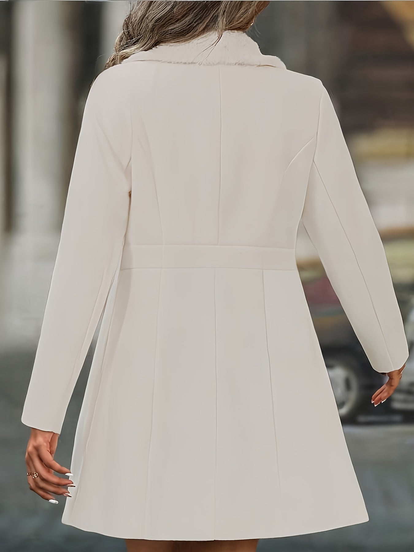 Manteau en polaire élégant et ajusté pour femmes - Col structuré, double boutonnage long avec silhouette A-line, manteau d'hiver lavable à la machine pour automne & hiver, vêtement extérieur formel quotidien (couleur unie : beige//noir/marine/gris) – Poly