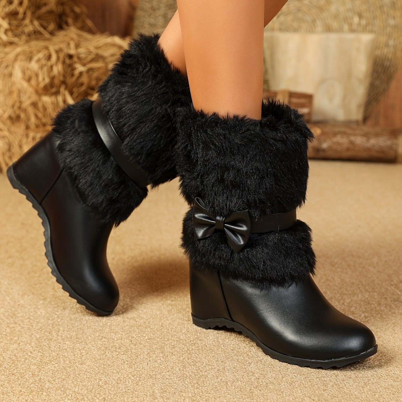 Chaussures d'hiver doublées pour femmes - bottes mi-mollet confortables à enfiler avec semelle épaisse, bout rond et détail nœud en blanc, noir et rose - idéales pour le froid