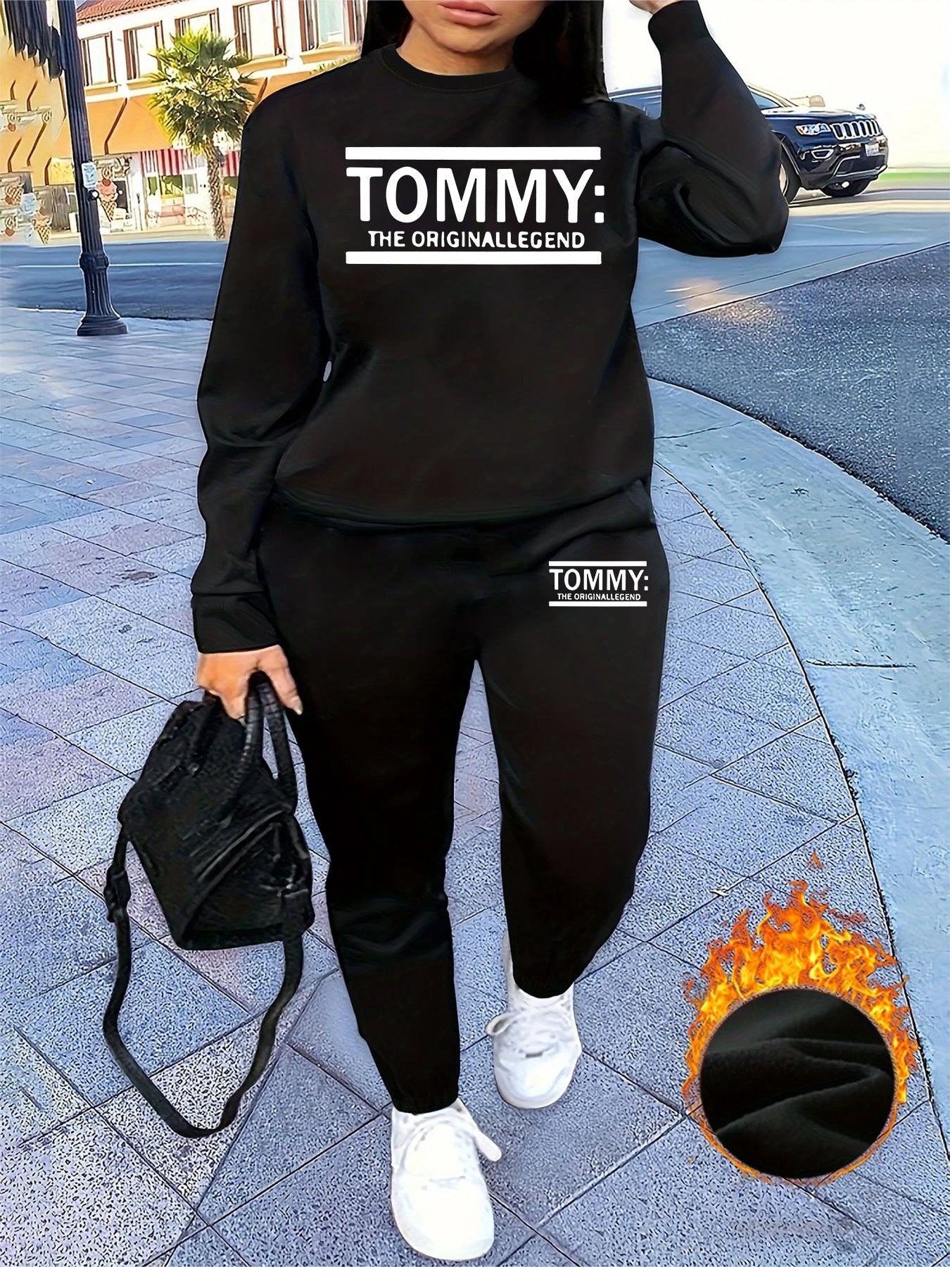 Ensemble décontracté deux pièces pour femmes avec imprimé "Tommy" - Sweat-shirt à manches longues et col rond, jogging, rose, confort toutes saisons, coupe standard, 16-50 ans, vêtements décontractés | Imprimé joyeux | Coupe confortable, ensemble de pulls
