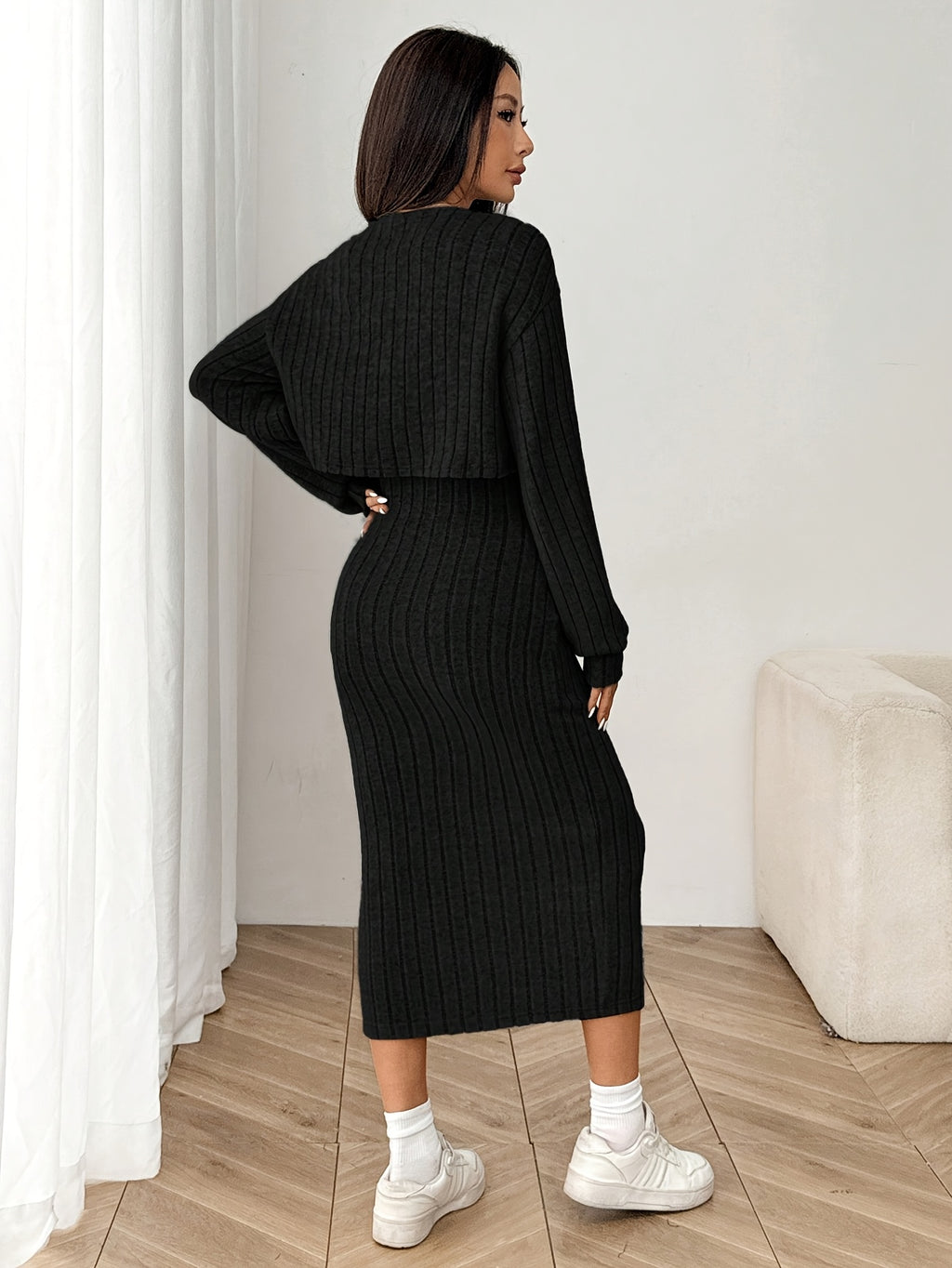 Ensemble élégant de haut et de veste à manches longues pour femmes - Robe côtelée beige avec détails boutonnés, chemisier à manches longues et veste assortie pour l'automne/hiver, tenue décontractée | Haut élégant à manches longues | Construction, robe à