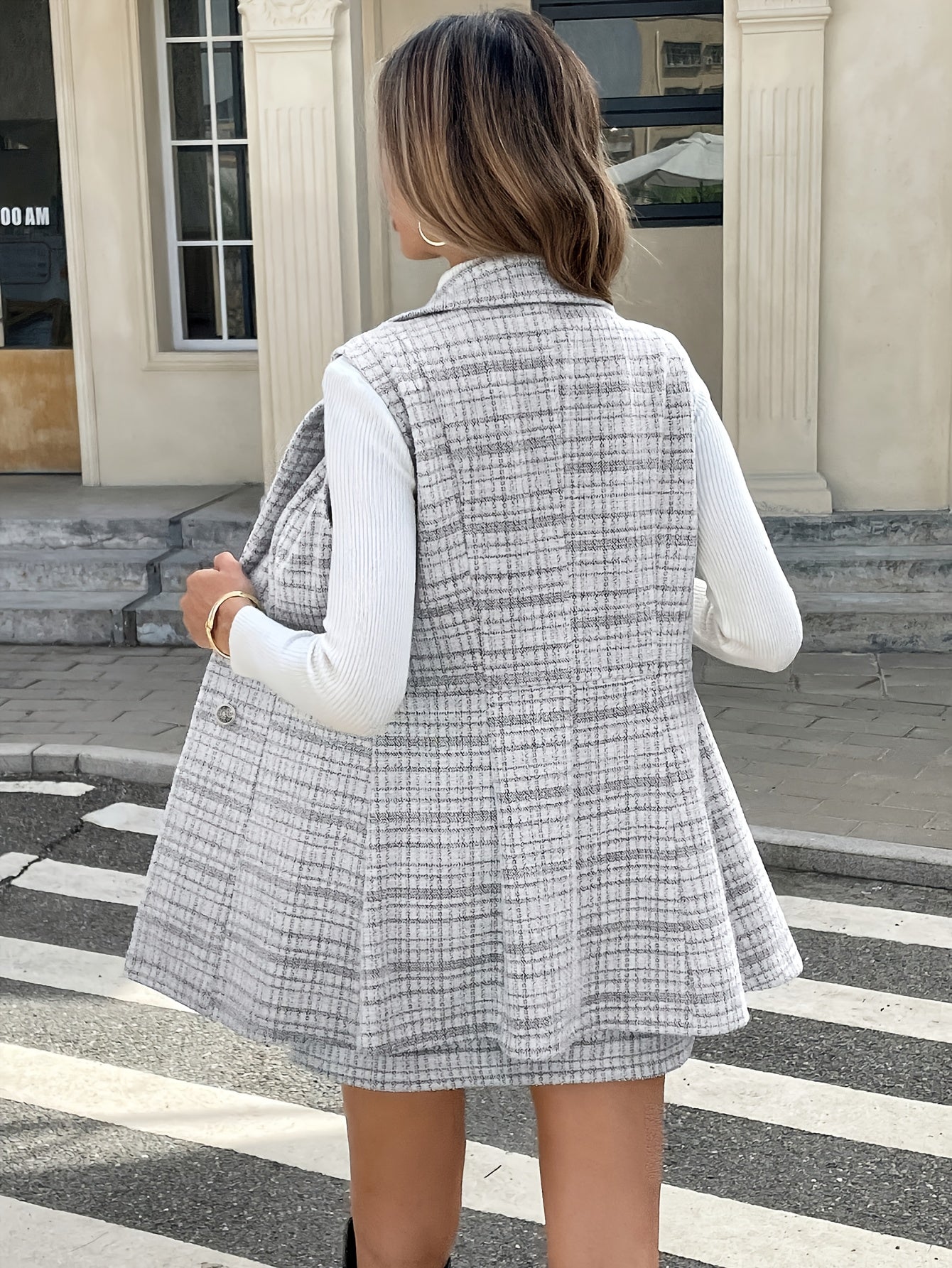 Ensemble Femme Automne-Hiver Nouvelle Mode Élégant Gilet à Col en Plaid Double Boutonnage et Jupe A-Ligne, Tenue Quotidienne Simple Rétro pour Travail ou Vacances, Style Retro, En tenue de Bureau, Design Classique, Tissu Moyennement Extensible Lavable Mac