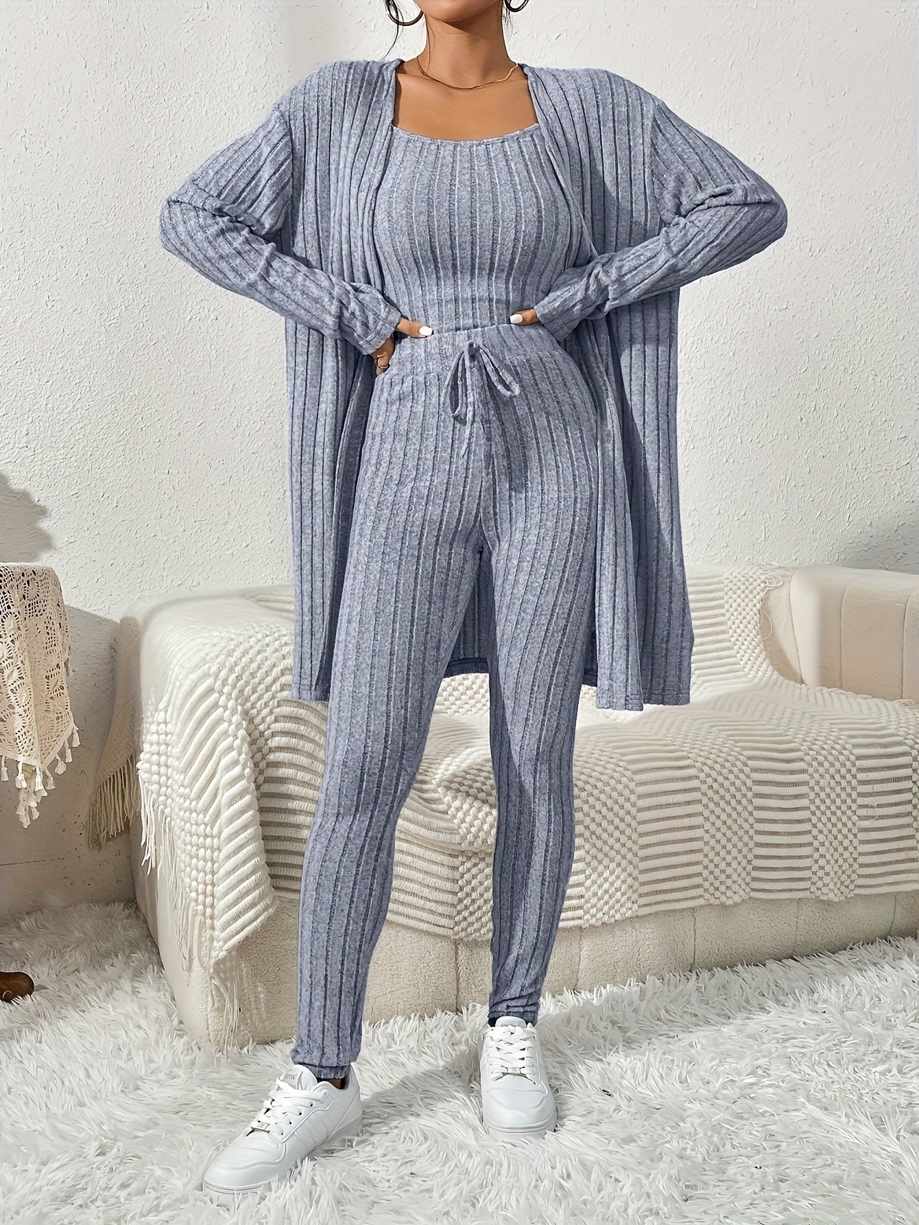 Ensemble Cardigan Uni et Pantalon Slim pour Femme, Tenue Décontractée Élégante et Simple