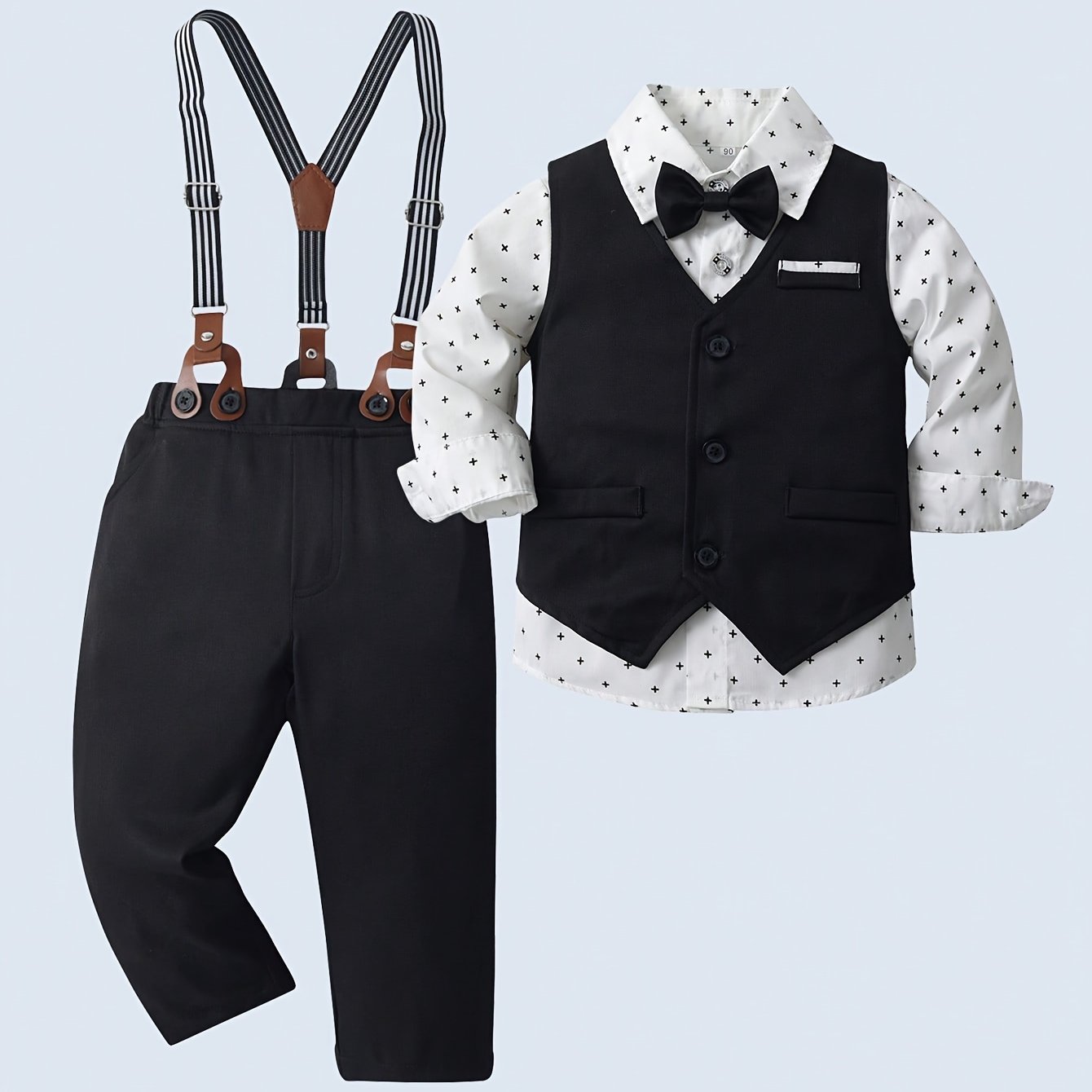 Costume de Gentleman Trois Pièces pour Garçons Boarnseorl, Élégant et Romantique, Chemise à Manches Longues avec Nœud et Bretelles, Pantalon et Gilet, Convient pour les Fêtes d'Anniversaire, Soirées, Spectacles, Mariages, Pleine Lune, Baptême et Premier A