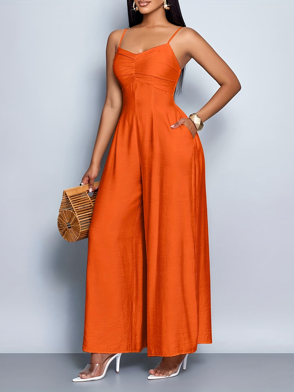 Combinaison Cami Femme Élégante Drapée Col Avant Dos Nu Jambes Larges - Silhouette H-Line Sans Manches avec Poches, Combinaison Longue Couleur Unie pour Printemps/Automne, Tenue Décontractée & de Vacances, Vêtements de Printemps Automne, Style Sophistiqué