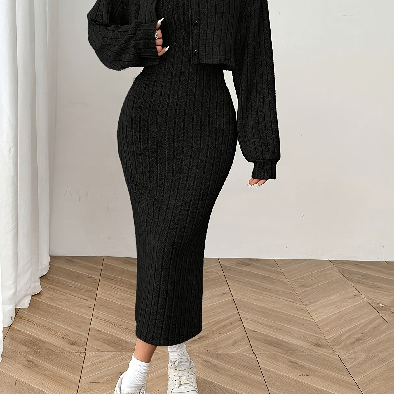 Ensemble élégant de haut et de veste à manches longues pour femmes - Robe côtelée beige avec détails boutonnés, chemisier à manches longues et veste assortie pour l'automne/hiver, tenue décontractée | Haut élégant à manches longues | Construction, robe à