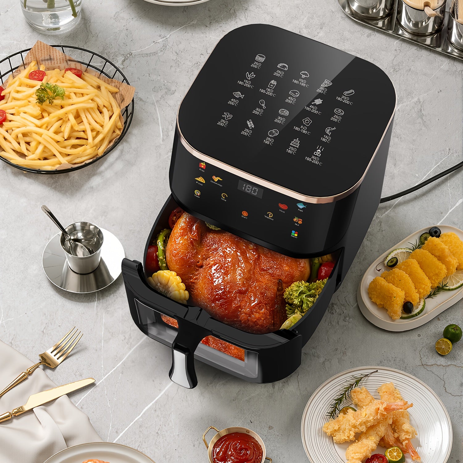 10.5L Large Capacity Air Fryer with Visible Window and Rapid Air Technology - 90% Less Oil, 7 Preset Profiles, Digital Display, 1800W Power, Dishwasher Safe Non-Stick Basket, Energy Saving, One-Touch Operation