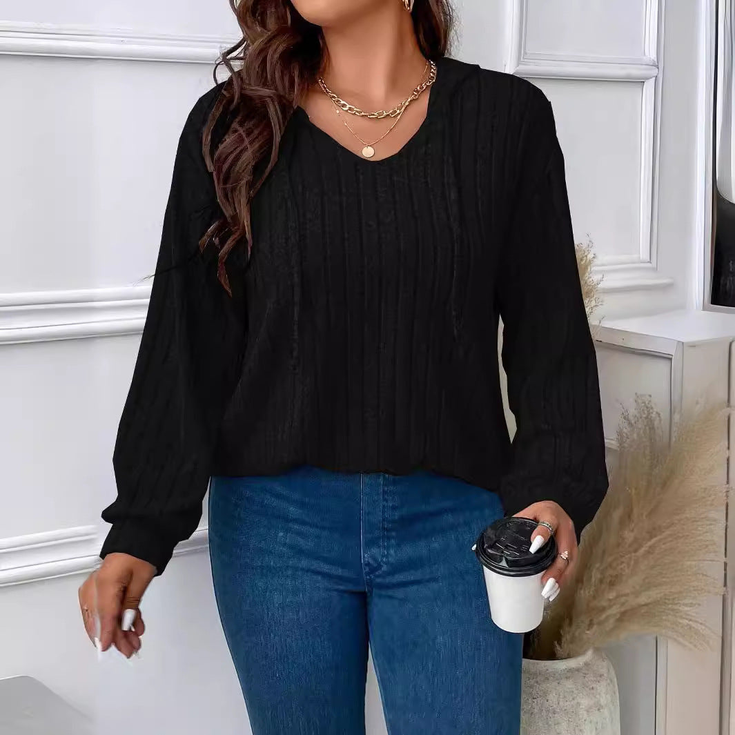 Women's V-neck Hooded Long-sleeved Sunken Stripe Brushed Top