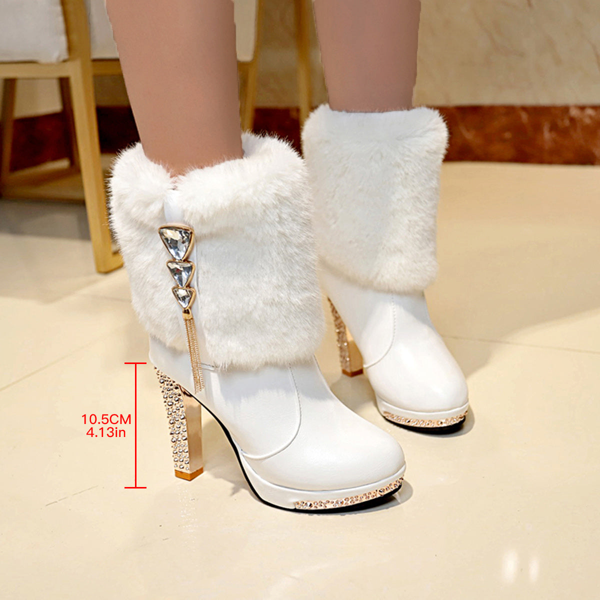 Bottes de cheville à talon épais pour femmes - Couverture faux noire avec accents en strass, talon ultra-haut, doublure en tissu confortable, semelle en EVA, bottines élégantes à enfiler pour l'automne/hiver, tenues décontractées ou formelles, chaussures