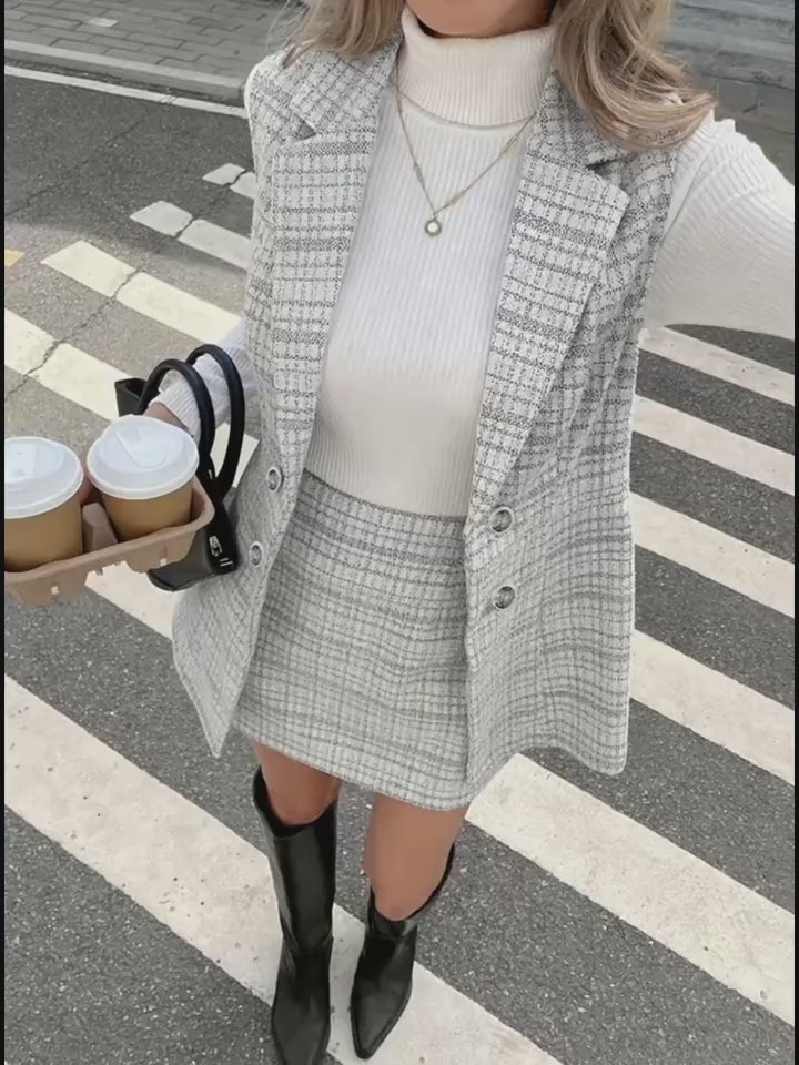 Ensemble Femme Automne-Hiver Nouvelle Mode Élégant Gilet à Col en Plaid Double Boutonnage et Jupe A-Ligne, Tenue Quotidienne Simple Rétro pour Travail ou Vacances, Style Retro, En tenue de Bureau, Design Classique, Tissu Moyennement Extensible Lavable Mac