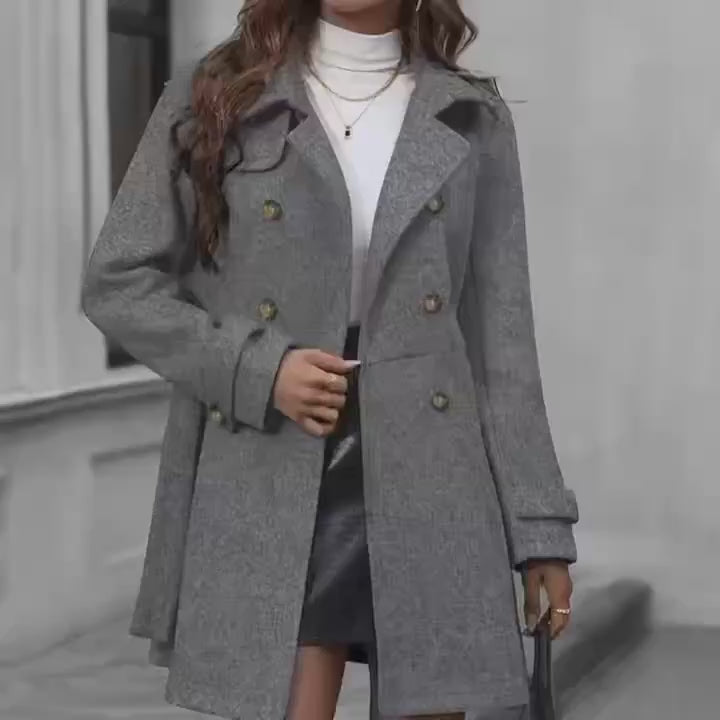 Manteau en tweed gris double boutonné pour femme - Élégant coupe-vent d'automne/hiver avec ceinture, manches longues et poches latérales pour le bureau, les trajets ou les sorties, vêtements d'hiver, manteau à taille ceinturée, épaules structurées