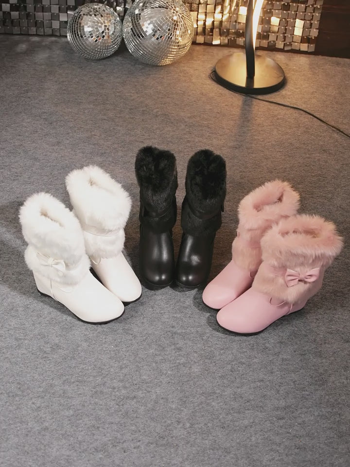 Chaussures d'hiver doublées pour femmes - bottes mi-mollet confortables à enfiler avec semelle épaisse, bout rond et détail nœud en blanc, noir et rose - idéales pour le froid